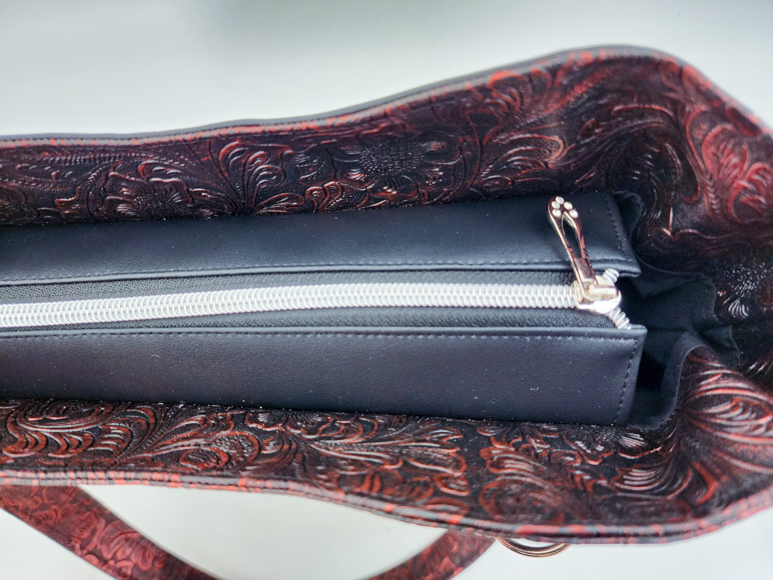 Hiraeth Handbag - Plain black with Metallic Red Embossed Floral - Image 7