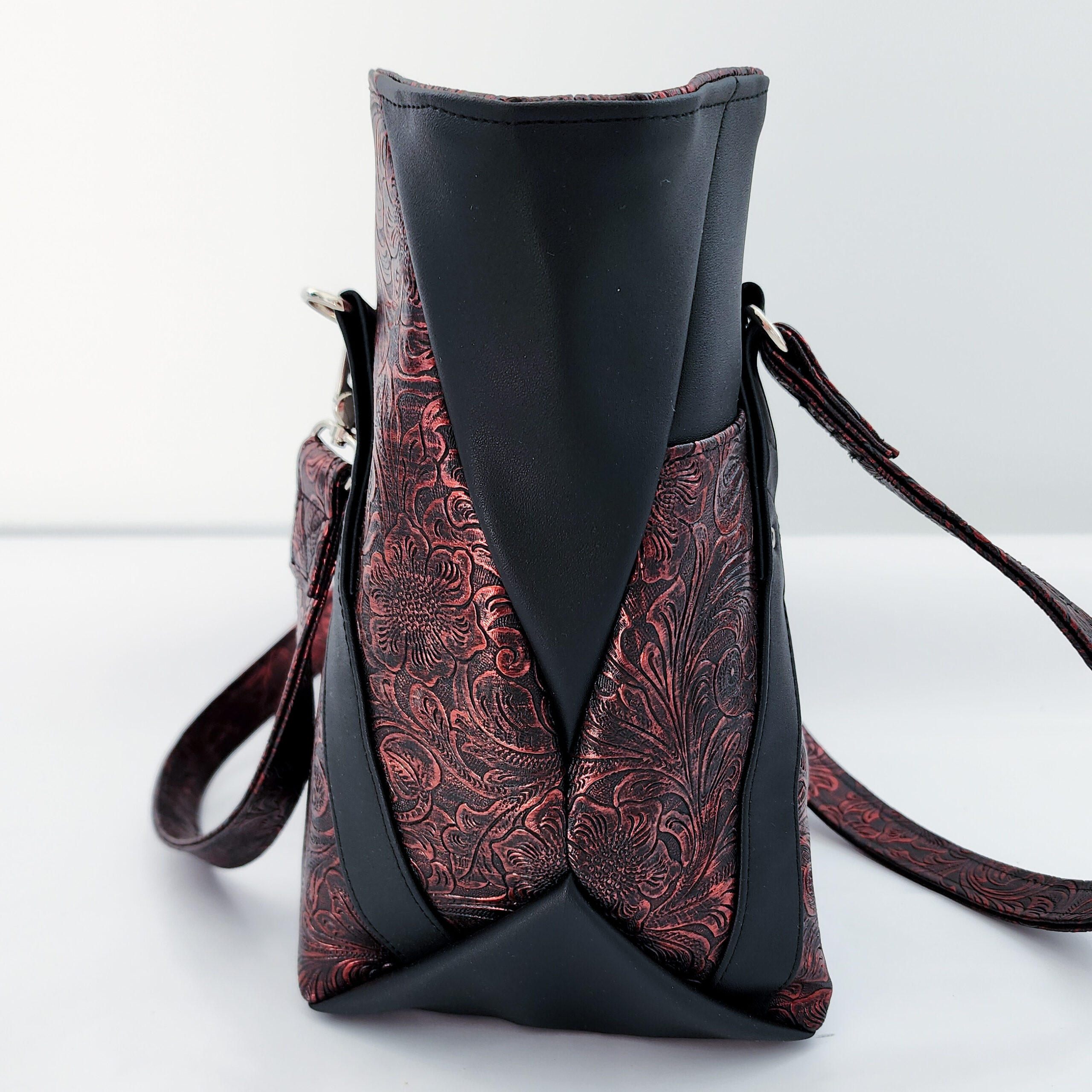 Hiraeth Handbag - Plain black with Metallic Red Embossed Floral - Image 3
