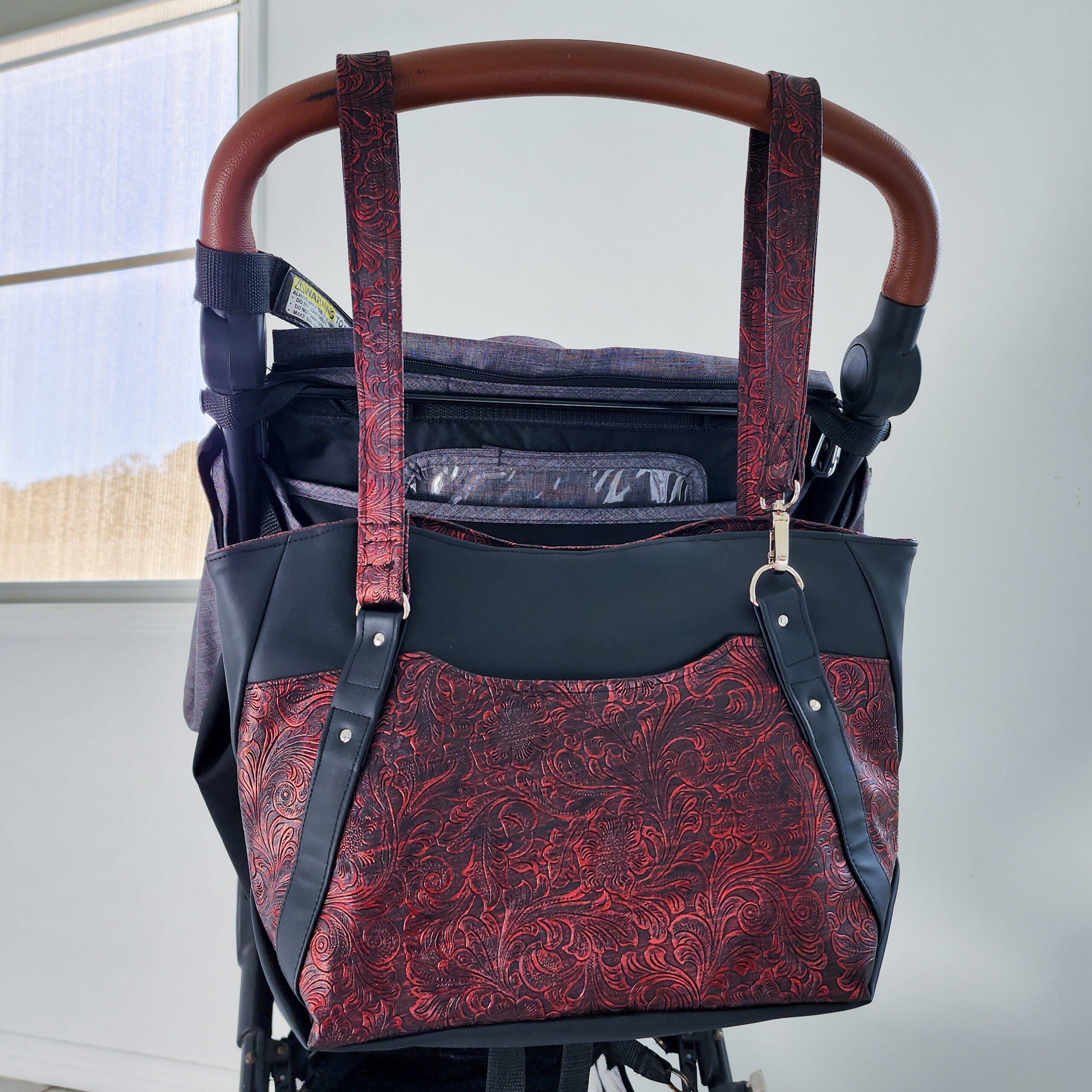 Hiraeth Handbag - Plain black with Metallic Red Embossed Floral - Image 2