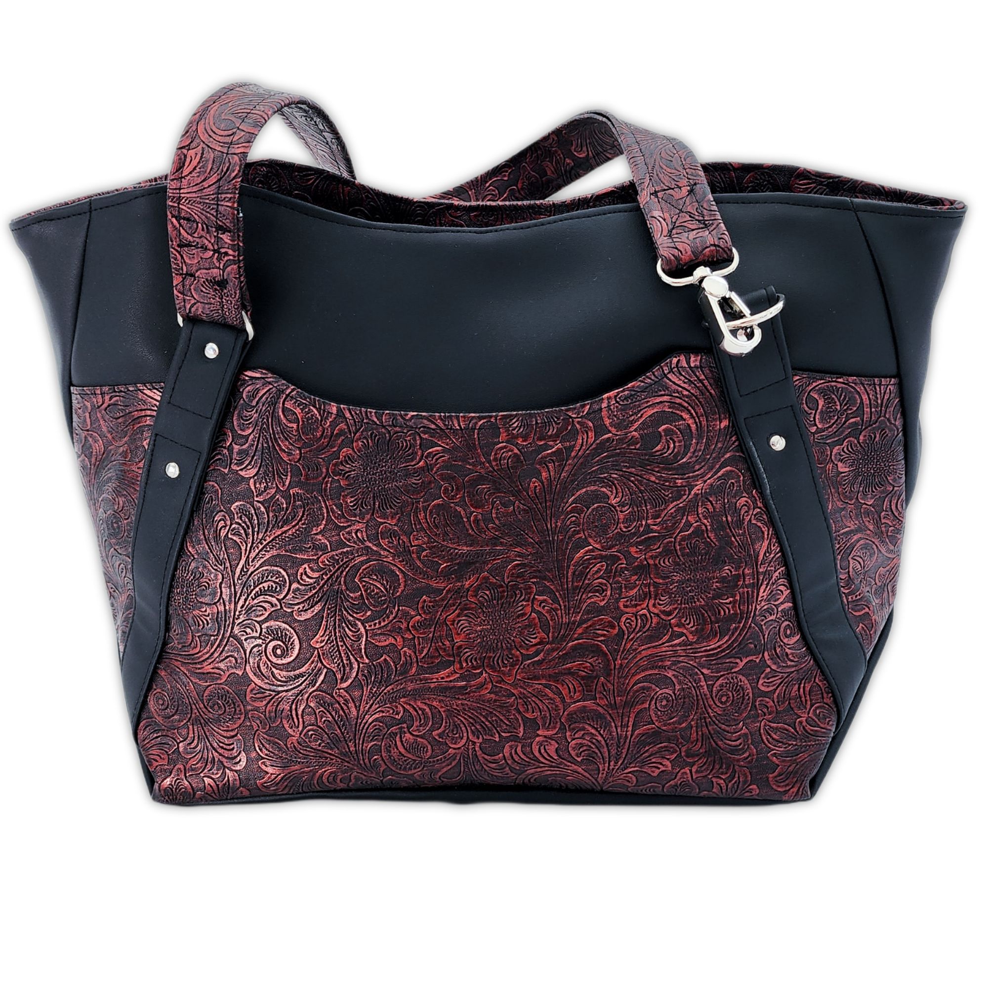 Hiraeth Handbag - Plain black with Metallic Red Embossed Floral