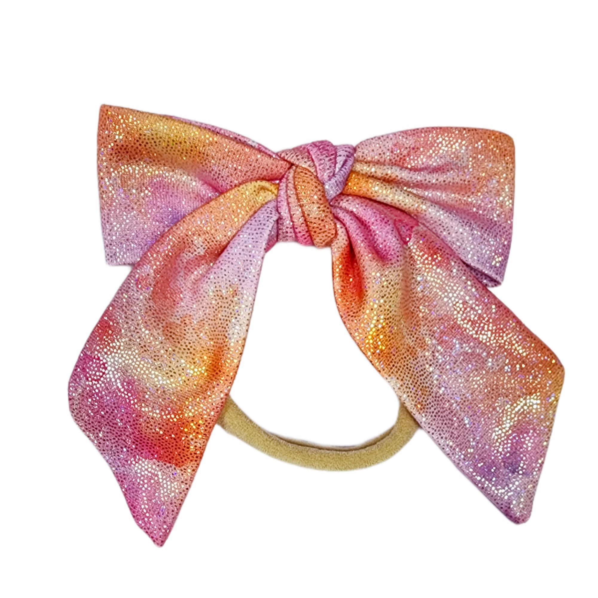 Hair Bow - Soft baby headband - Pink sunset Holo