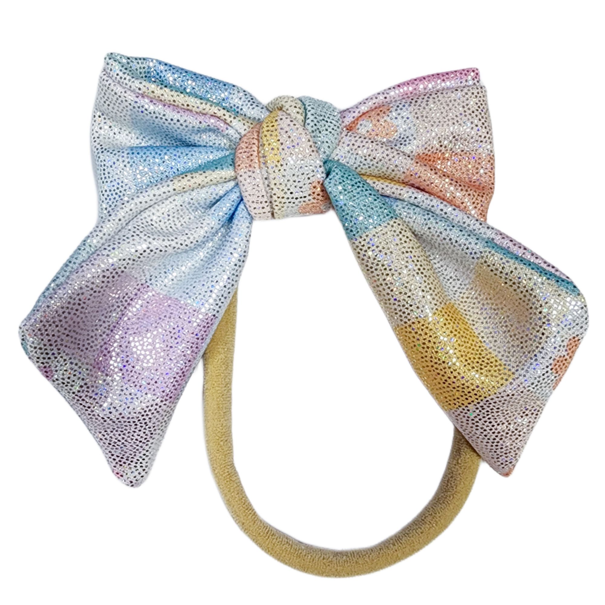 Hair Bow - Soft baby headband - floral Pastel Gingam Holo